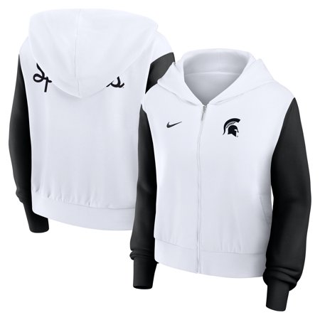 Women's Nike White Michigan State Spartans Cropped Color-Block Script Full-Zip Hoodie