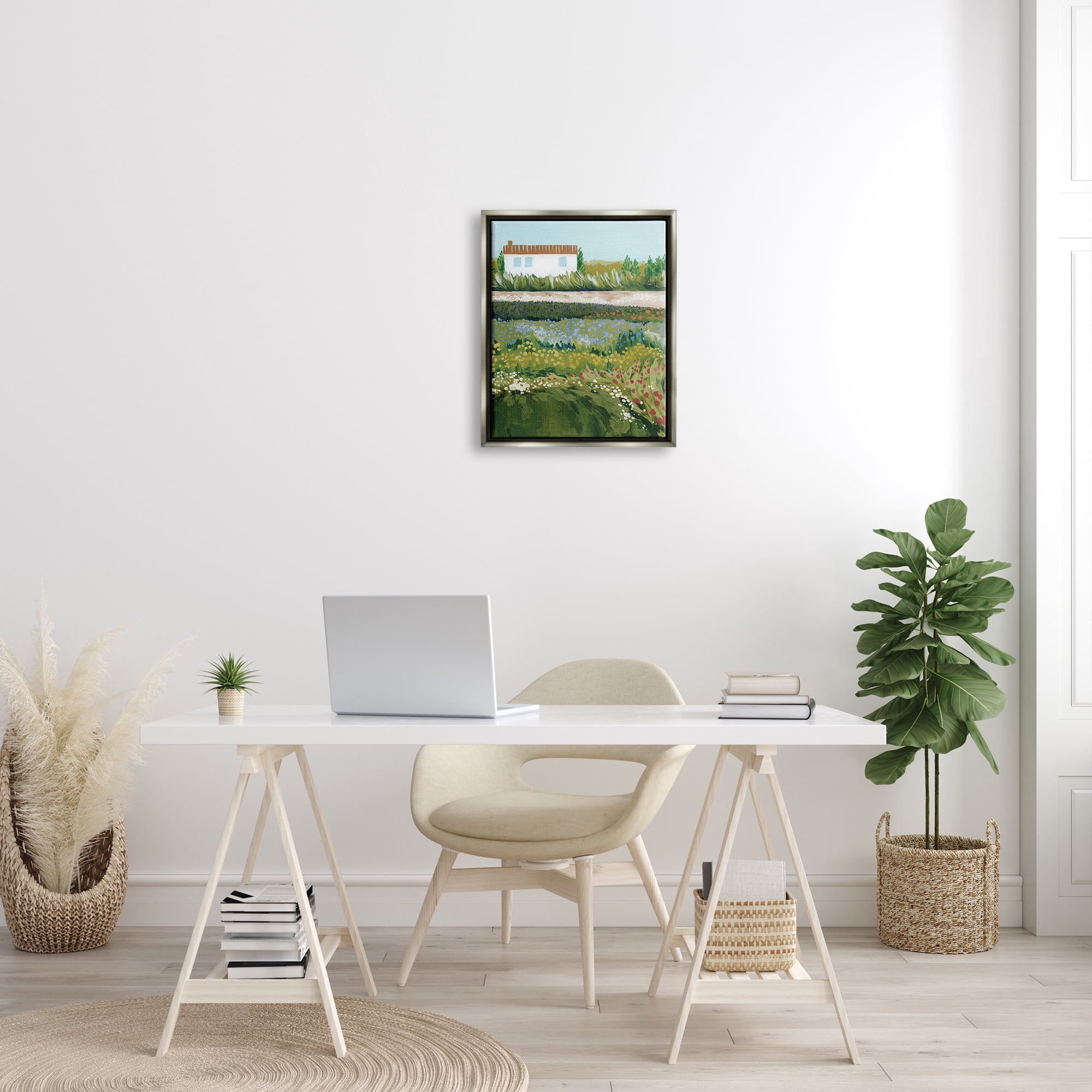 Stupell Rural Cottage Wildflowers Blooming Landscape Painting Gray Floater Framed Art Print Wall Art