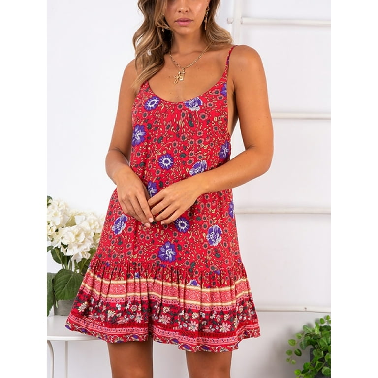 SHIBEVER Womens Dress Summer Casual Sleeveless Floral Dress for Women Sexy  Boho Sun Beach Swing Mini Dresses Red