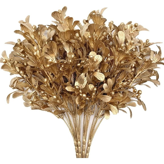 Artificial Golden Plants for Christmas Decor, Plastic Grass Faux Shrubs Fake Leaves Simulation Bushes for Indoor/Outdoor Decor, Table Centerpieces, Planter Filler -Gold Leaves Berry Grass 4 Pack