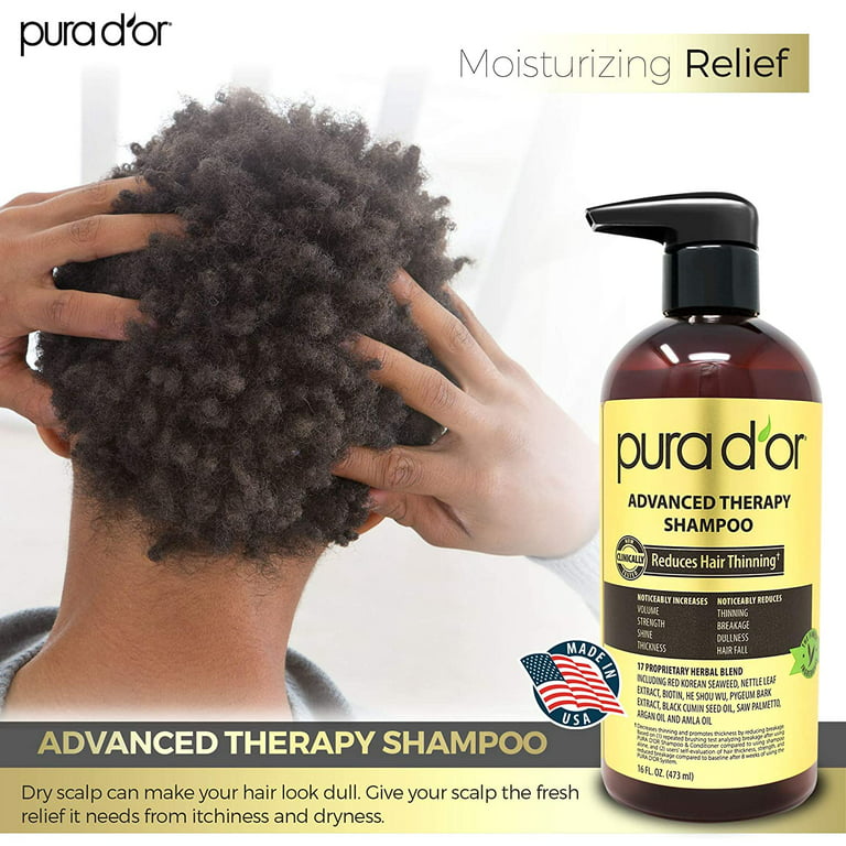  PURA D'OR Advanced Therapy Shampoo (16oz) Reduces Hair Thinning  & Increases Volume, No Sulfate, Biotin Shampoo Infused with Argan Oil, Aloe  Vera for All Hair Types, Men & Women (Packaging May