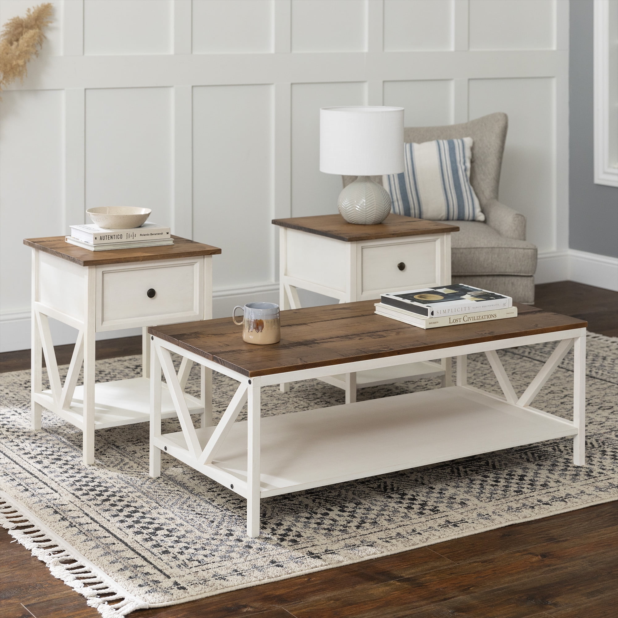 Modern Farmhouse Accent Table Set, Distressed White - Walmart.com