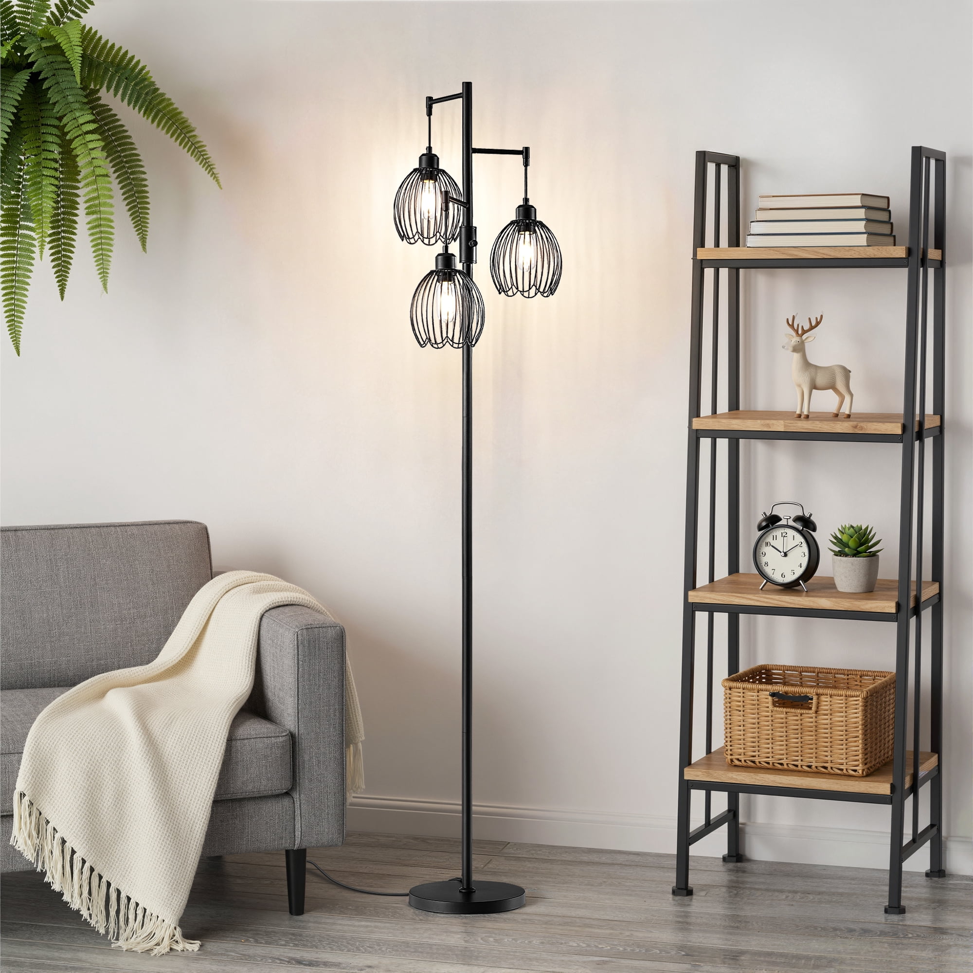 EDISHINE 69in Industrial Floor Lamps for Living Room, With 3 LED Edsion Bulbs, Black