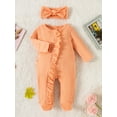 thumbnail image 2 of Bagilaanoe Newborn Baby Girl Footies Jumpsuits Solid Color Long Sleeve Bodysuits + Headband 3M 6M 12M Infant Fall One Piece Rompers, 2 of 9