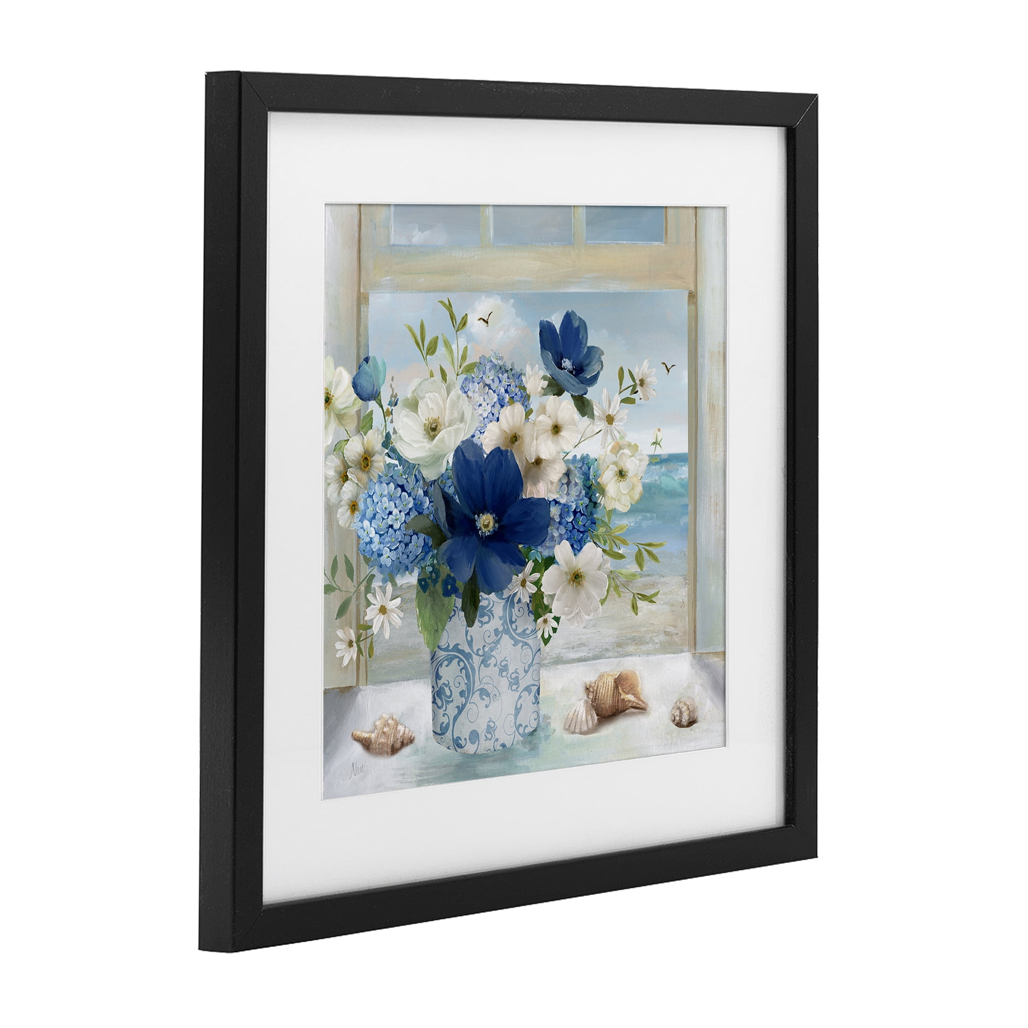 Stupell Industries Seaside Blue & White Arrangement Black Framed Print Under Glass, design by Nan