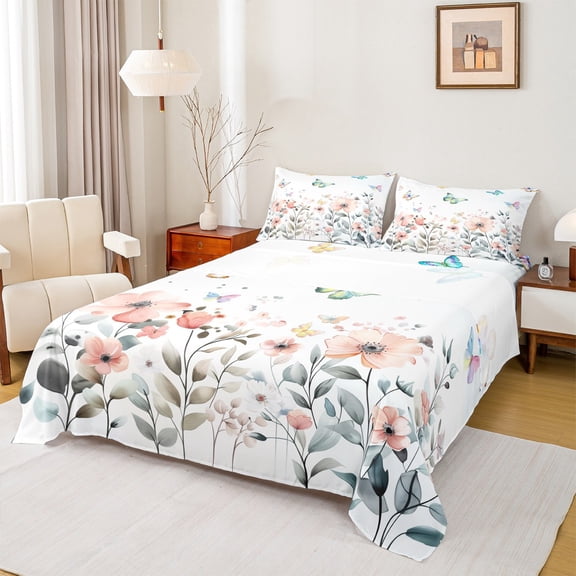 Manfei Flying Gradient Butterflies 3pcs Twin Sheet Sets for Girls Female Teens,Chic Pink Flowers Twin Fitted Sheet,Spring Graden Breathable Flat Sheet,Luxury Bedroom Decor