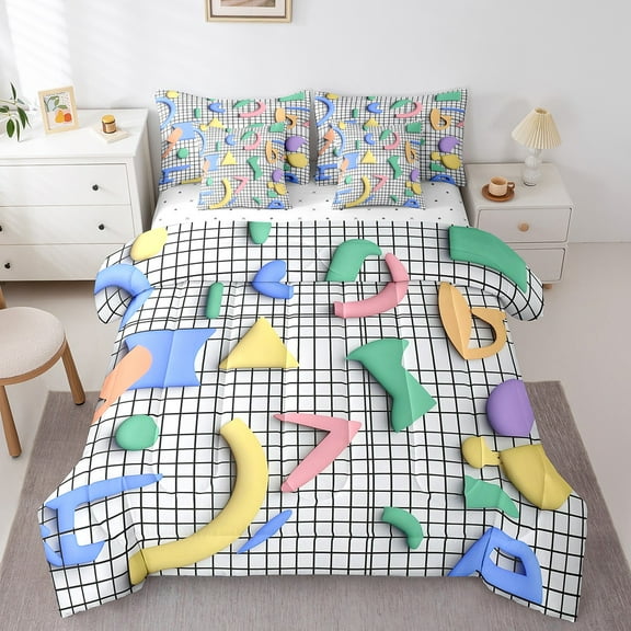 Erosebridal Old Fashion Memphis Bed in a Bag Twin Size, Geometry Bed Set, Triangle Circle Bed Sheets Setp with Comforter, Lightweight Room Decor, Reversible 7 Pieces