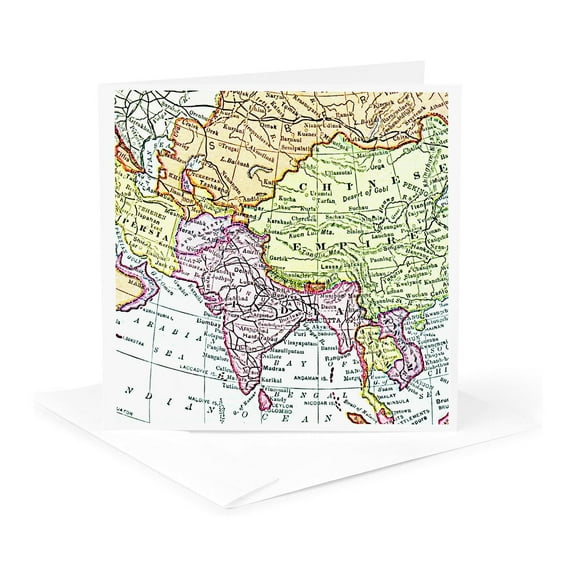 3dRose, Vintage map of India China Siam and Persia - faded look historic travel - geography retro world maps, 1 Greeting Card with envelope