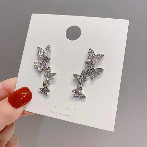 Clip on or Pierced 2" silver and clear stone layered butterfly earrings