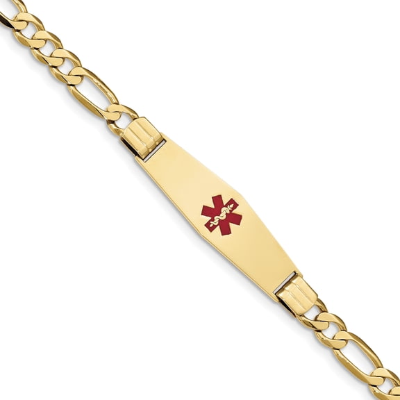 14K Medical Soft Diamond Shape Red Enamel Flat Figaro Link ID Bracelet (Weight: 13.98 Grams, Length: 7 Inches)