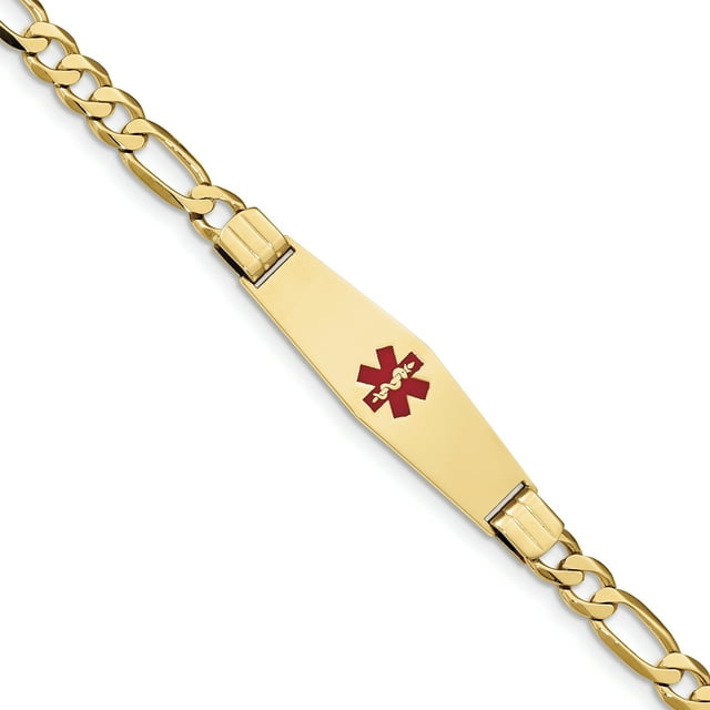 14K Yellow Gold Medical Soft Diamond Shape Red Enamel Flat Figaro Link ID Bracelet