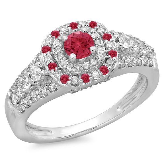 Dazzlingrock Collection 14K Round Cut Ruby & White Diamond Vintage Style Bridal Halo Engagement Ring, White Gold, Size 7.5