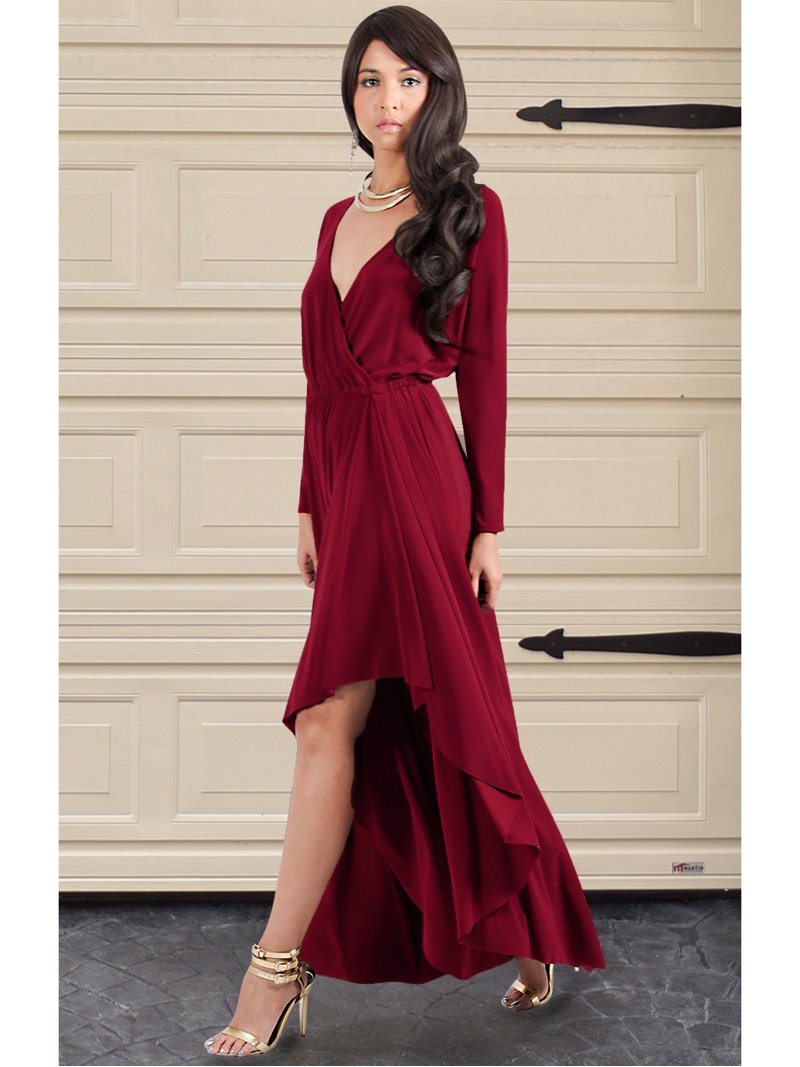KOH KOH Long Sleeve Asymmetric Slit Fall Winter Evening Flowy Empire Waist  Full Floor Length Cocktail Formal V-Neck Tall Maxi Dress Gown For Women Crimson  Dark Red XXXX-Large US 26-28 NT060 -