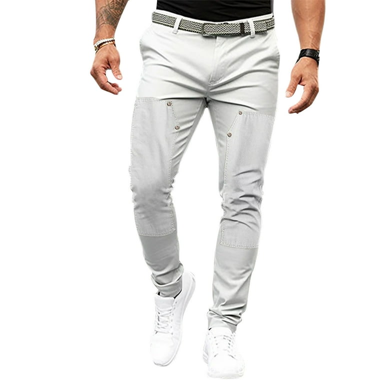 Qiggri Men's Solid Color Tight Pocket Sewing Button Design Business Casual  Slim Trousers Full Length Pants on Clearnce 