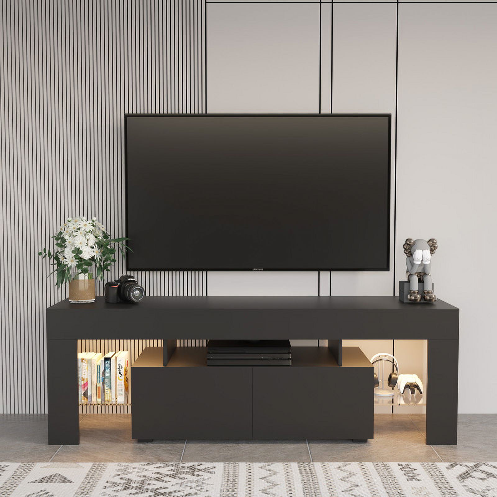 Homall 63'' TV Stand for TVs up to 70'', TV Stand with Remote LED Lights, Black Modern Entertainment Center with Soft-Close Drawers & Adjustable Shelves for Living Room, Black