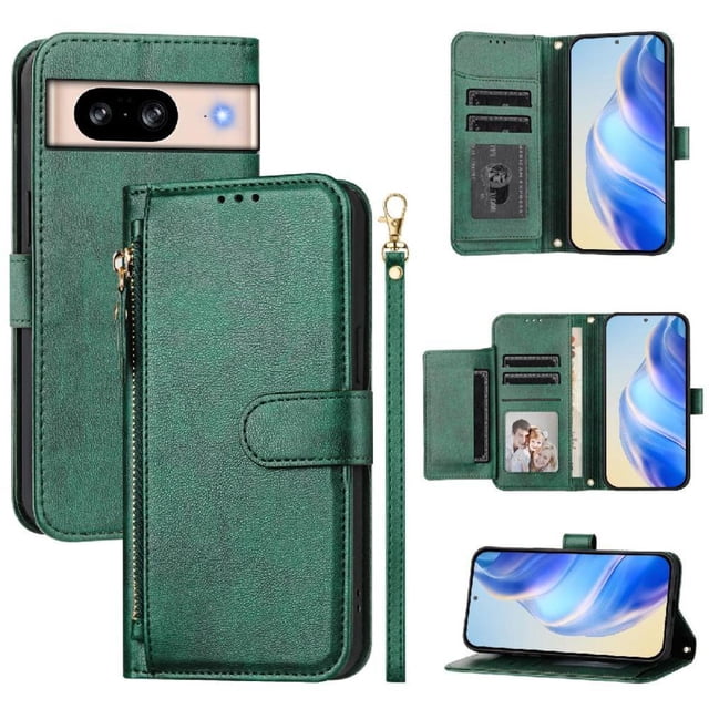 Étui à Rabat pour GOOGLE Pixel 8 avec Poche Zippée, Portefeuille Magnétique à Rabat avec 7 Emplacements pour Cartes et Dragonne