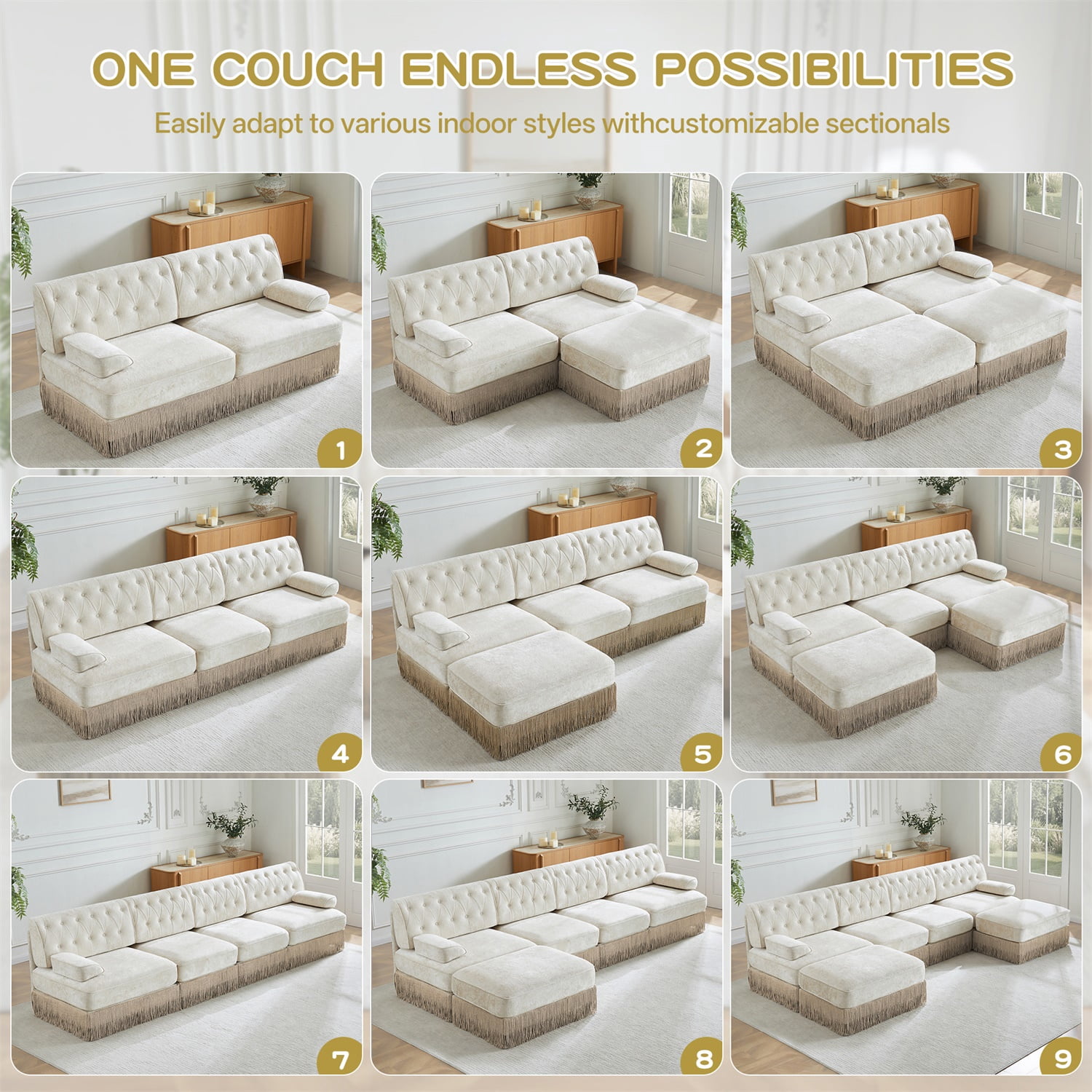 Hommoo 3-Seater Chesterfield Style Velvet Fabric Sofa Couch set, Tufted Button Upholstered Design and Floor-grazing Tassel, Free Combination Sectional Sofa, for Home, Beige