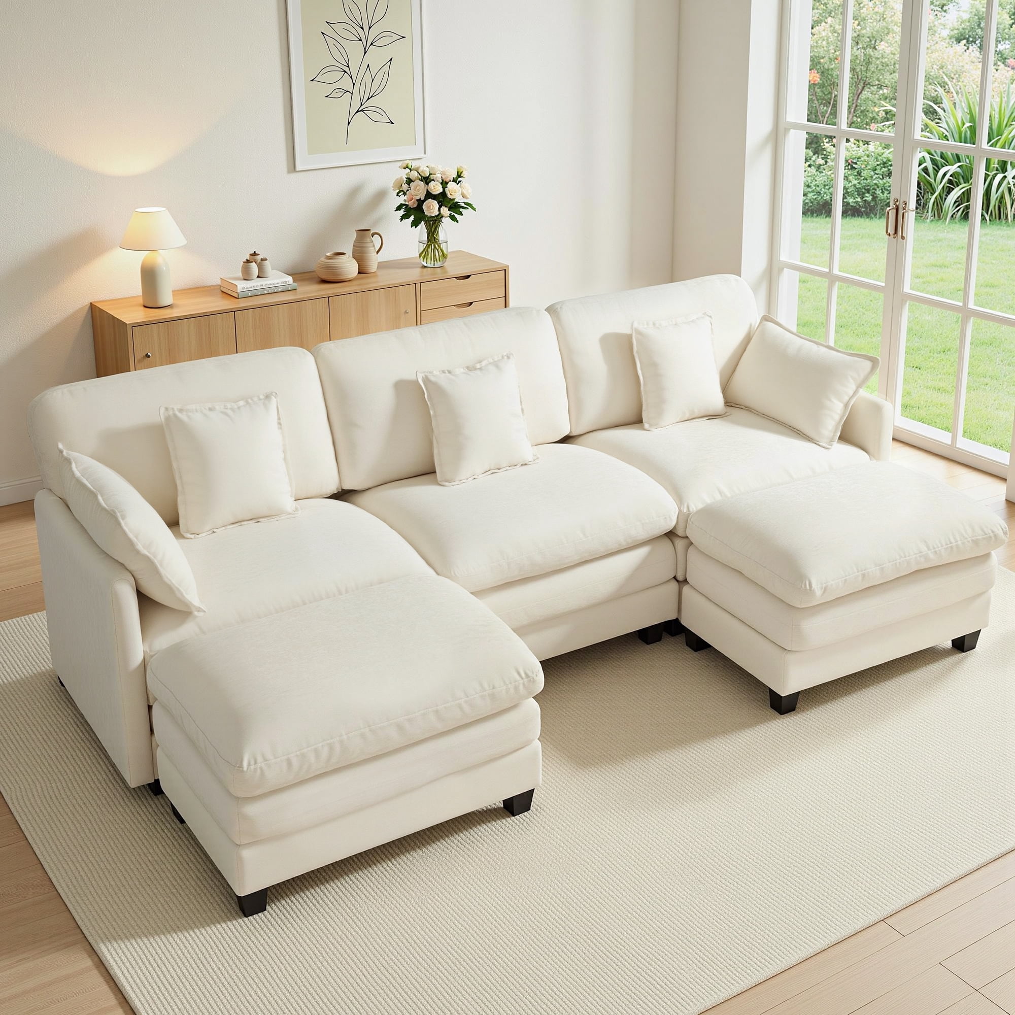 MCombo 111.8''  U-Shaped Modular Sectional Sofa Couch with Chaise Ottomans for Living Room, FSC Certified, Beige