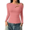 thumbnail image 2 of HLKJKLS Long Sleeve Shirts For Women Asymmetrical Neck Ribbed Pullover Long Sleeve Tight Basic Top Cotton Pink S-3Xl, 2 of 6