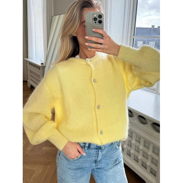 Cárdigan de punto de Mohair rosa para mujer, suéter elegante de manga larga con cuello redondo y botonadura única, prendas de punto a la moda para otoño, novedad de 2024