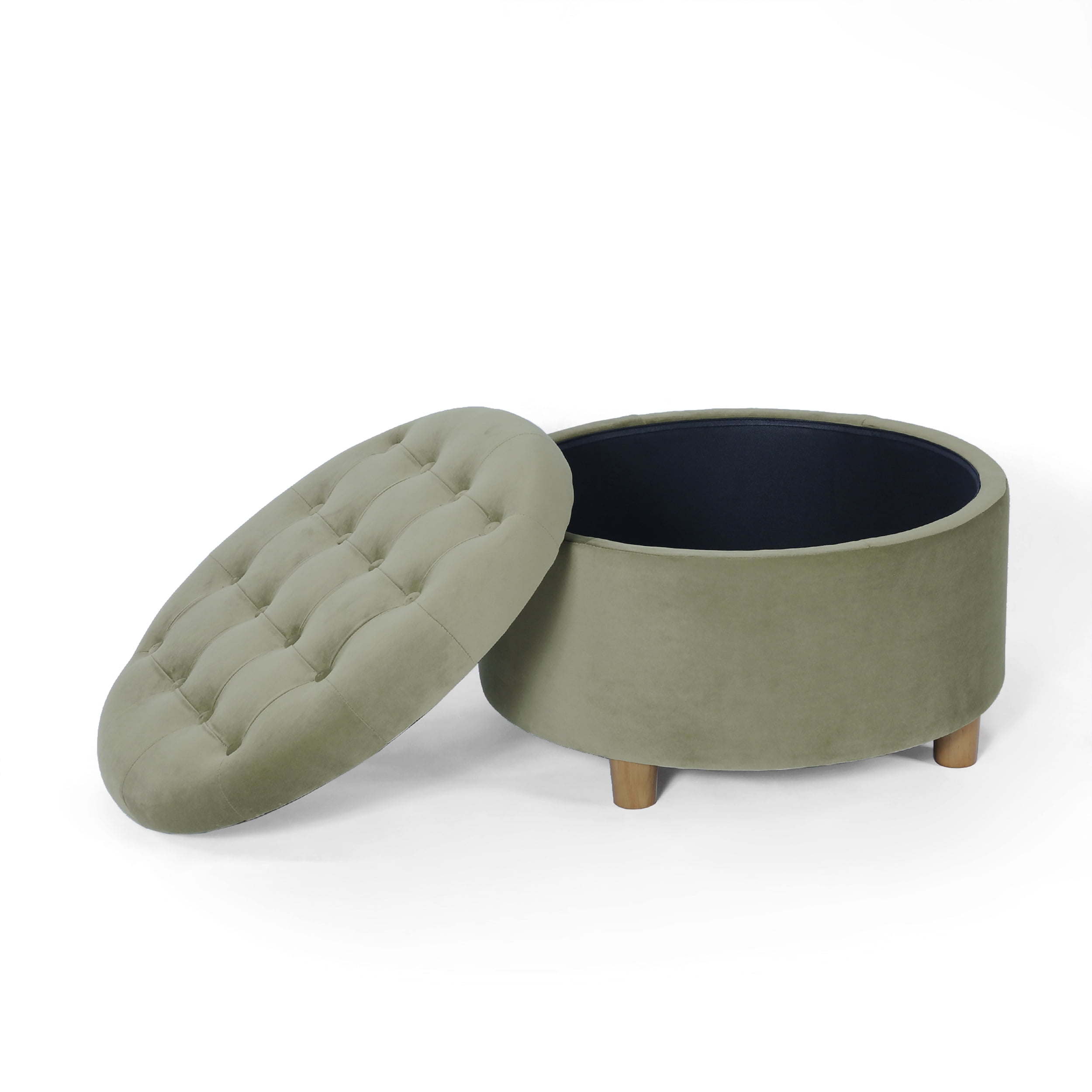 HomePop Large Round Button Tufted Storage Ottoman, Light Sage Green Velvet