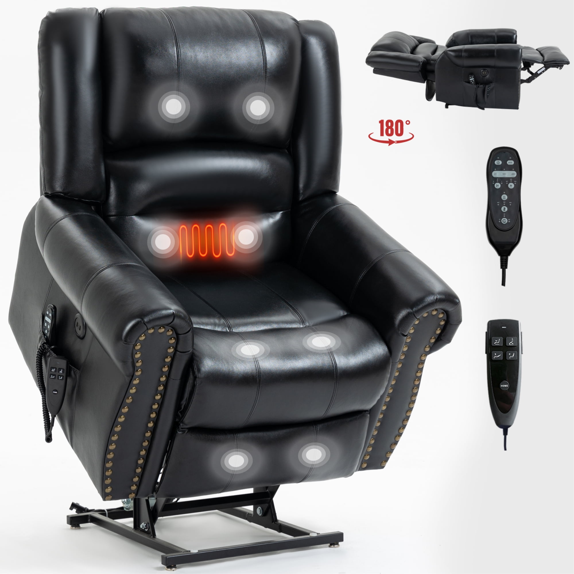 Power Lift Recliner Chair,Heavy Duty Recliners for Elderly with Heat and Massage,Faux Leather Recliner Chair with Infinite Position and USB Ports,Up to 350 LBS,Black