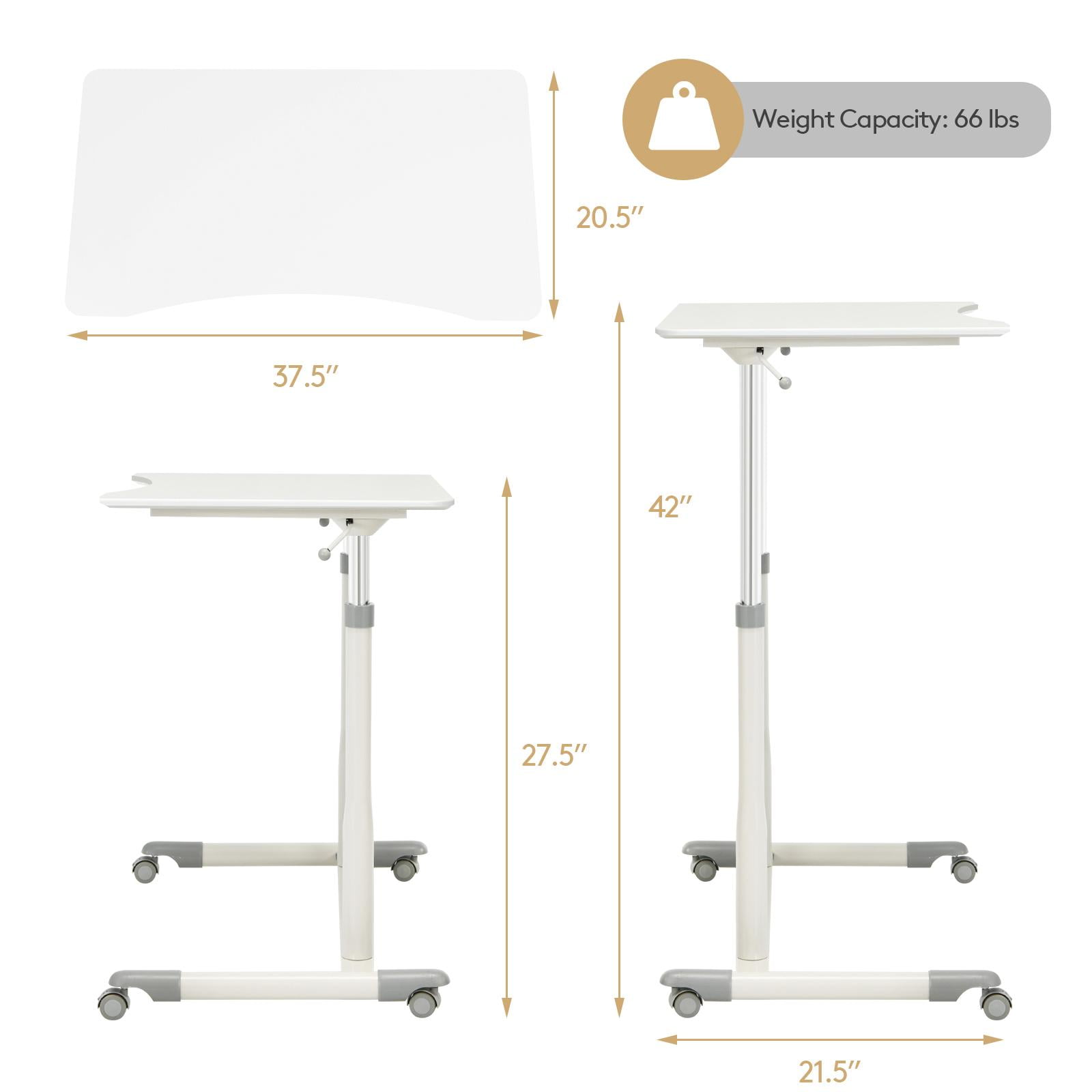 Giantex Mobile Height Adjustable Standing Desk, Compact Pneumatic Sit to Stand Computer Desk w/ Lockable Casters, Ergonomic Rolling Laptop Table for Home Office, White