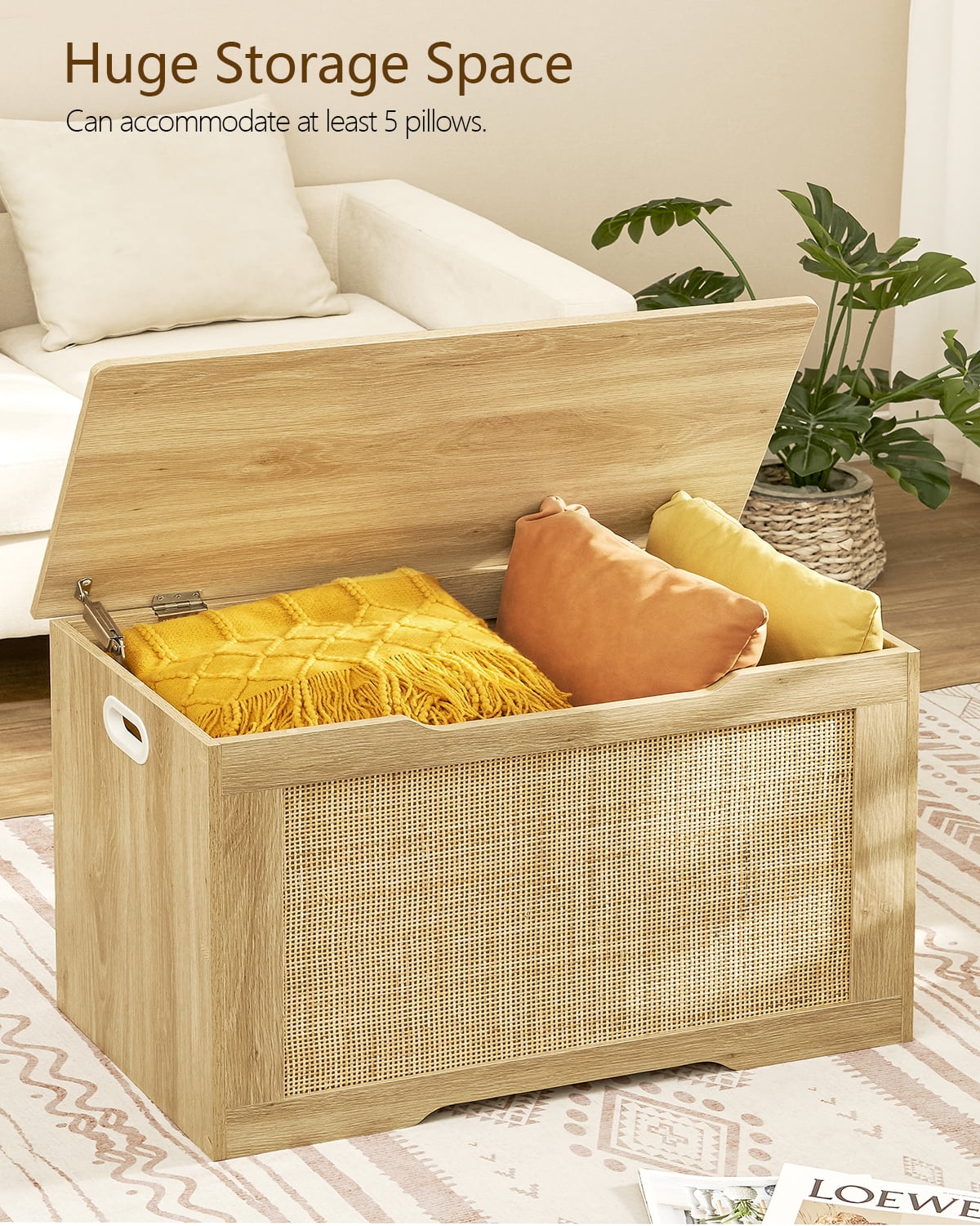 TEENFON Storage Bench, 29” Retro Wooden Storage Chest with U-Shaped Cut-Out Pull, Safety Hinge, Easy Assembly for Toy Box Organizer