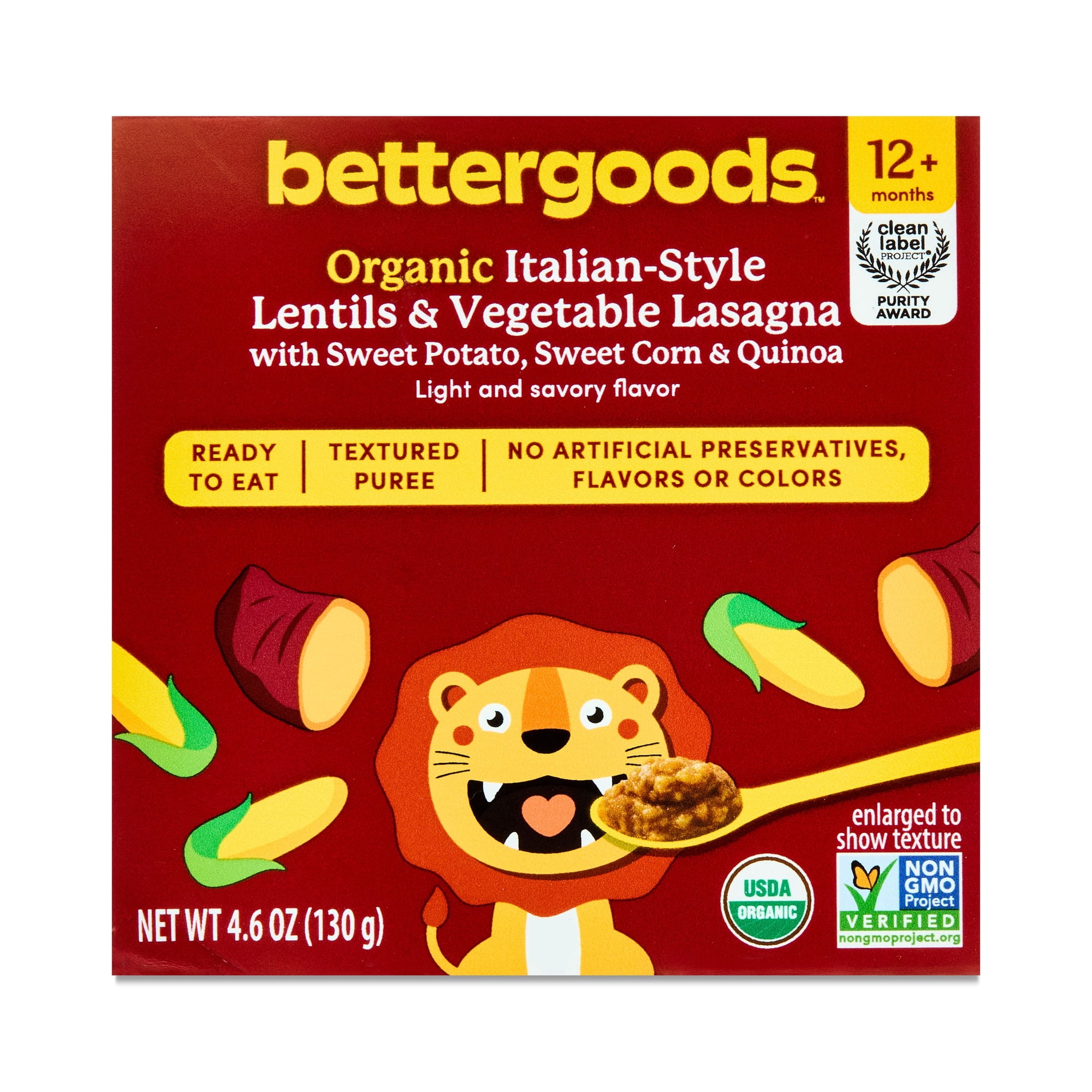 bettergoods Organic Stage 4 Baby Food Italian-Style Lentils and Vegetable Lasagna with Sweet Potato, Sweet Corn, and Quinoa, 4.6 oz Tub