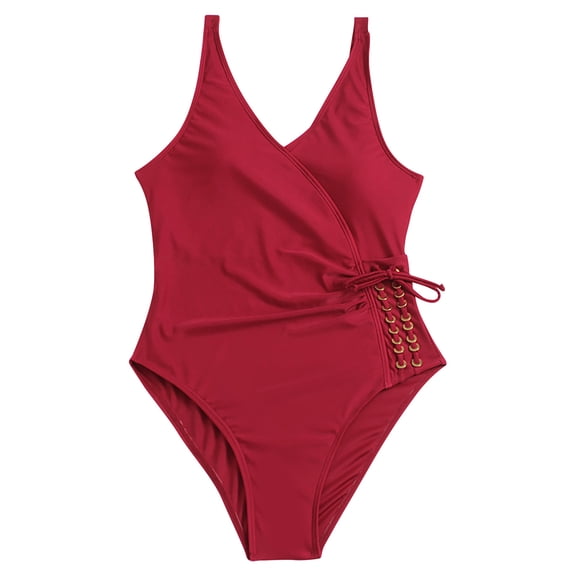 up to 60% off Gifts Usmixi One-Piece Swimsuits for Women Adjustable Drawstring Athletics Tankini Bathing Suits Sleeveless V-Neck Solid Swimwears Wine M
