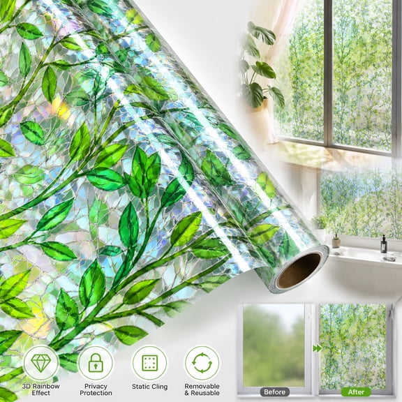 Rongsi , 17.5 x 78.7 In Decorative Privacy Window Film, 3D Static Cling Glass Sticker with Rainbow Leaf Pattern, Non-Adhesive & Reusable for Home Office