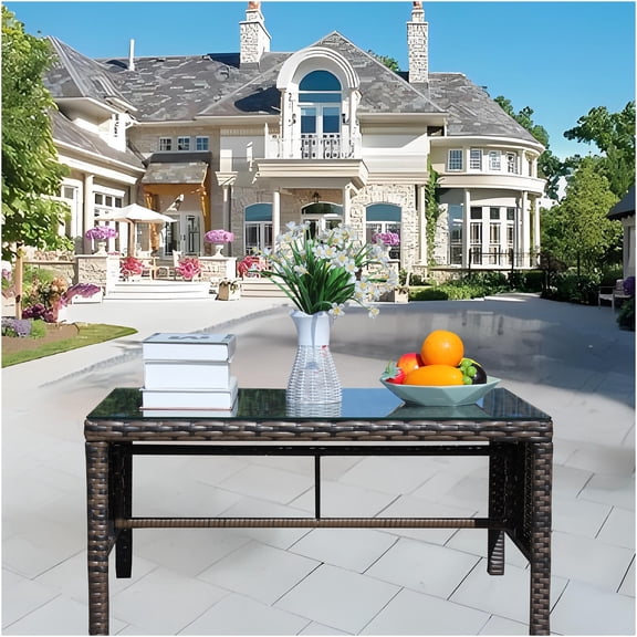 JERFIT Brown Rattan Outdoor Patio Coffee Table with Tempered Glass Top for Garden, Poolside, Deck