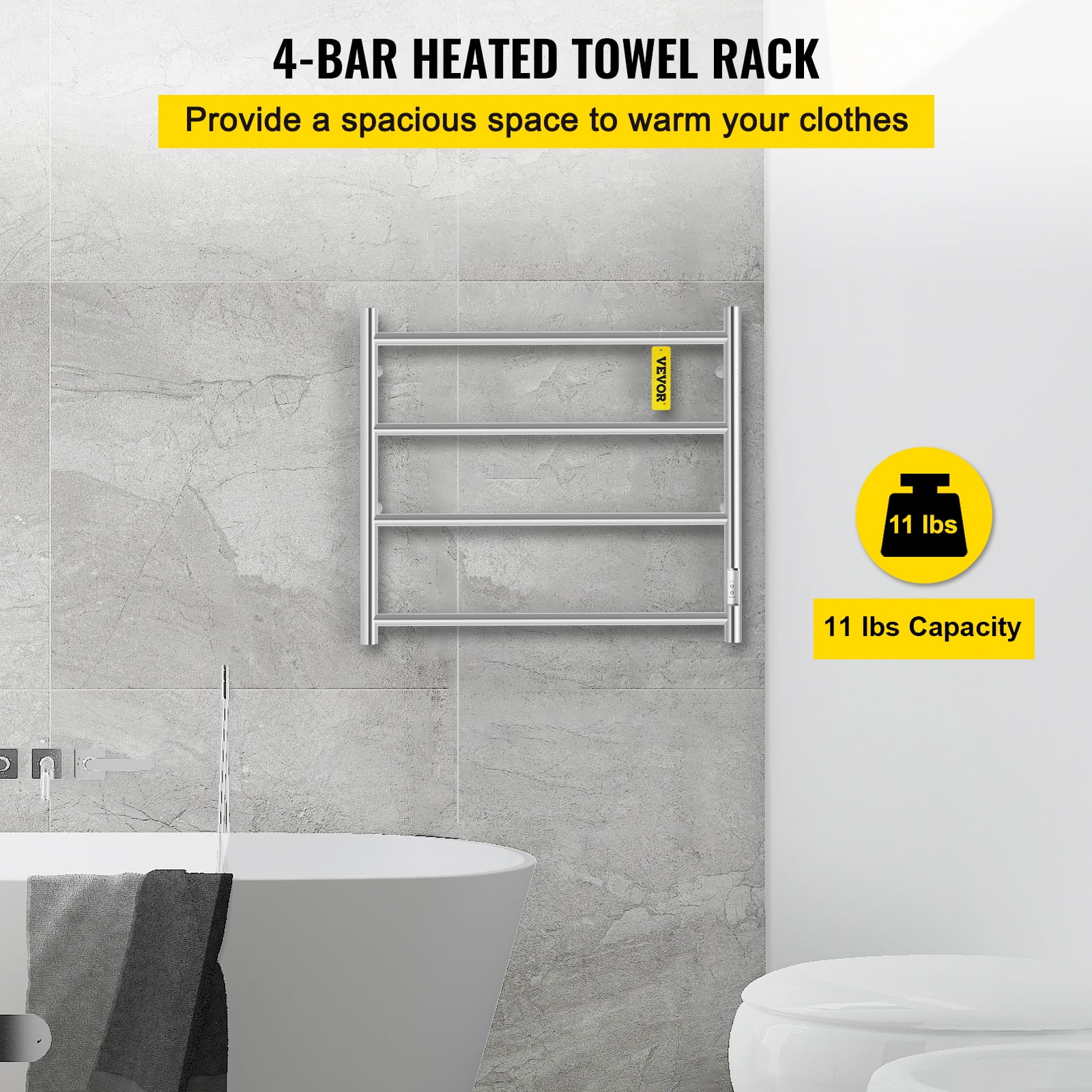 VEVORbrand 4 Bar Heated Towel Rack Electric Towel Heater Warmer w Timer Wall Mounted Plug in Bath Towel Warmer Polished Stainless Silver Walmart