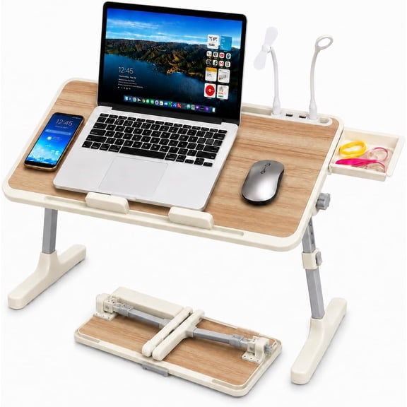 Height & Angle Adjustable Lap Desk with USB Cooling Fan, LED Light and USB Ports, Foldable Portable Laptop Table for Bed, Couch, Sofa, Walnut