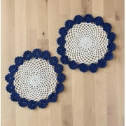 Fennco Styles Handmade Two-Tone Floral Crochet Tray Doilies, 9" Round, 2-Piece - Navy Blue Cloth Placemats for Everyday Use, Holidays, Home Dcor, Cocktail Party, Tea Party, Special Occasion