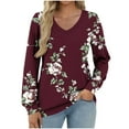 thumbnail image 2 of Women's V-Neck Floral Print Sweatshirts Trendy Long Sleeve Loose Knit Casual Solid Color Base Pullover Tops (M, Wine), 2 of 5