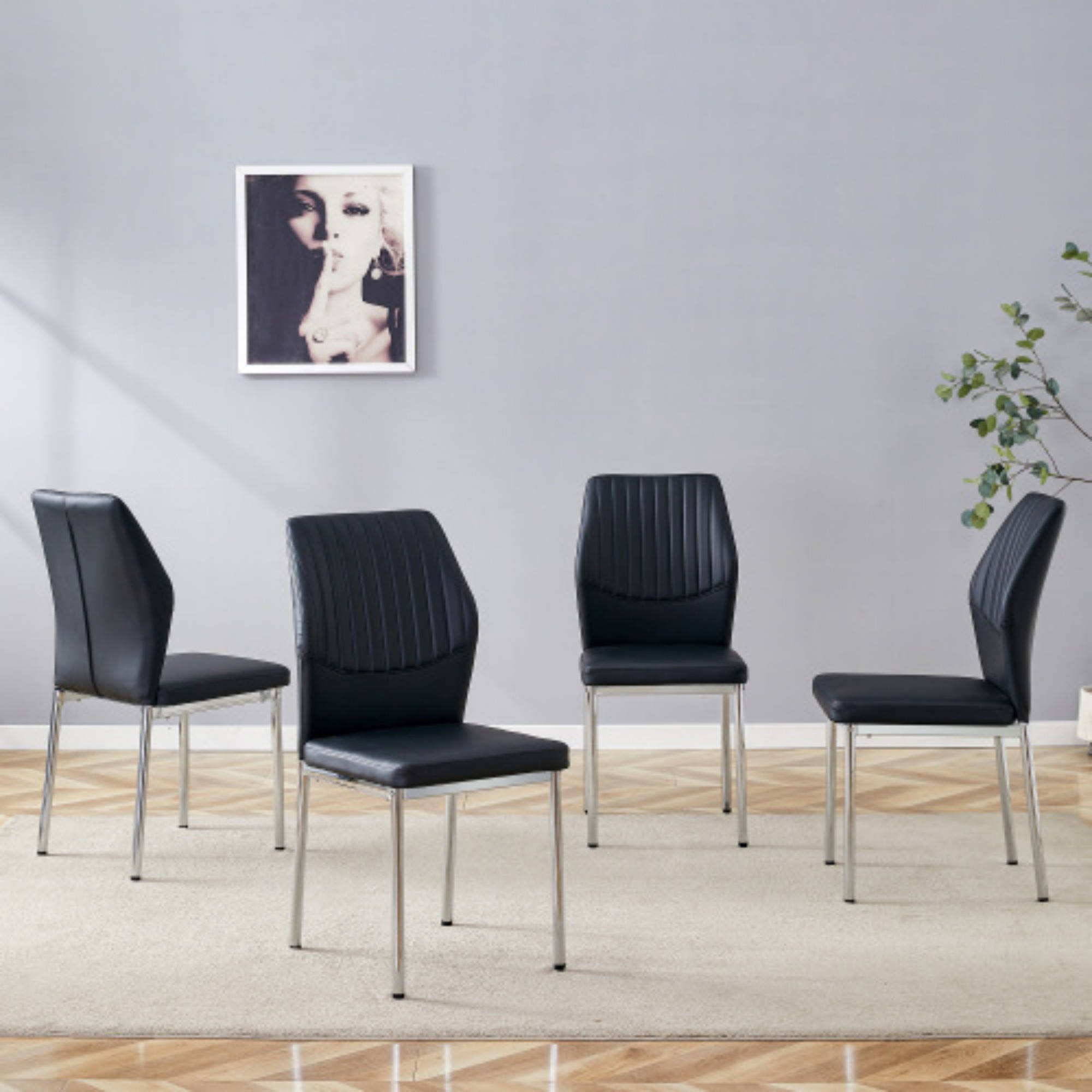 SUDICA Modern PU Leather Dining Chairs Set of 4, Ergonomic High Back Kitchen Chairs with Silver Metal Legs, Comfortable Padded Seat, Easy to Clean, Black
