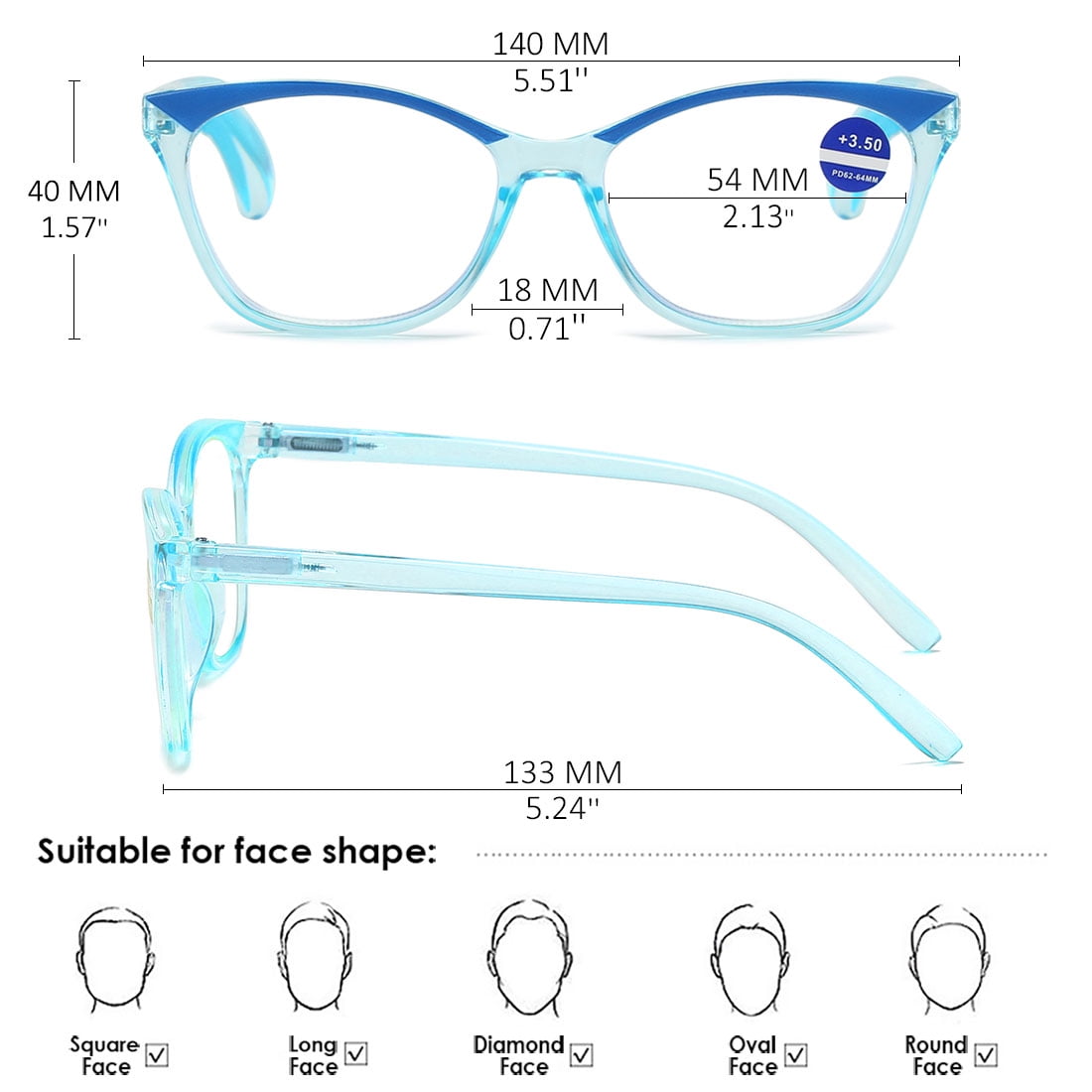 KOOSUFA Cat Eye Blue Light Blocking Reading Glasses +3.5 Spring Hinge Transparent Frame Womens Computer Readers Eyeglasses Transparent Blue