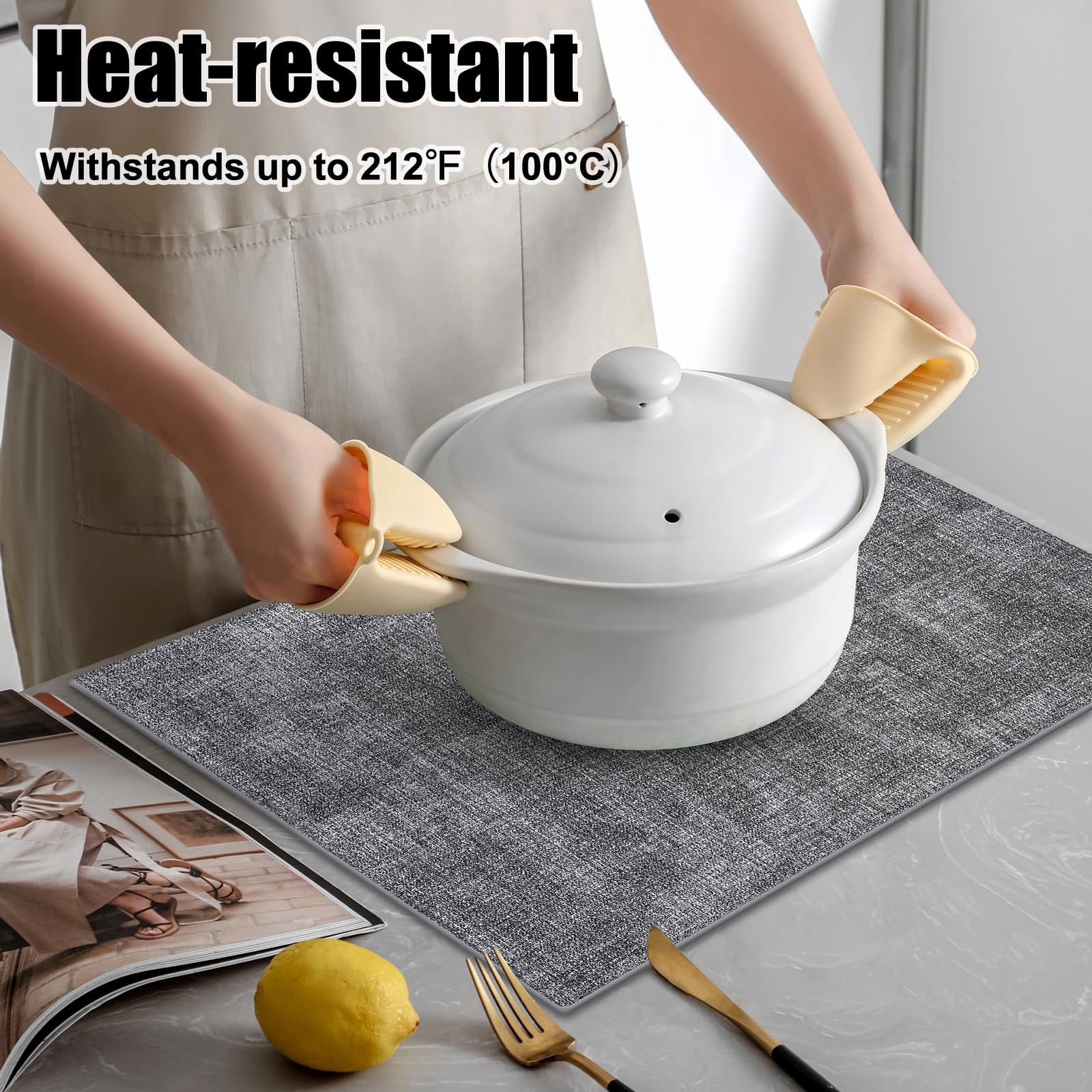 decorUhome Placemats Set of 6, Heat Resistant PU Faux Leather Table Mats, 11.8" x 17", Black & White