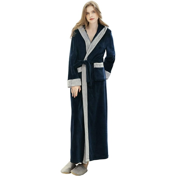 Long Hooded Bathrobe for Women Soft Flannel Fleece Plush Spa Robes Winter Warm Nightgown Sleepwear