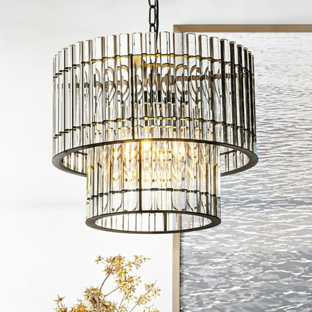

4-Light Modern Luxury Matte Black 2-Tier Round Chandelier 16 With Glass Rods Accent
