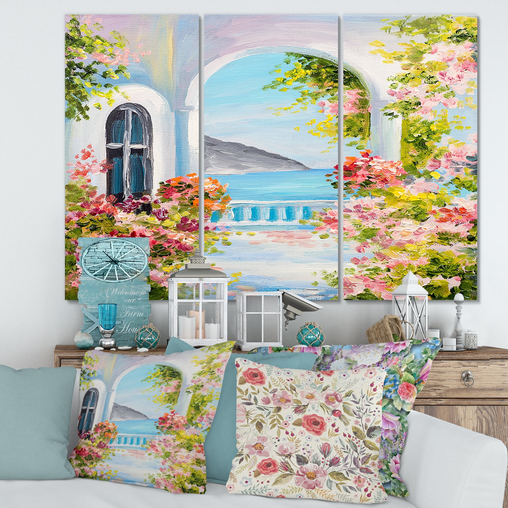 Designart ' Pink Flowers With Traditional Greek House ' Nautical & Coastal Canvas Wall Art Print