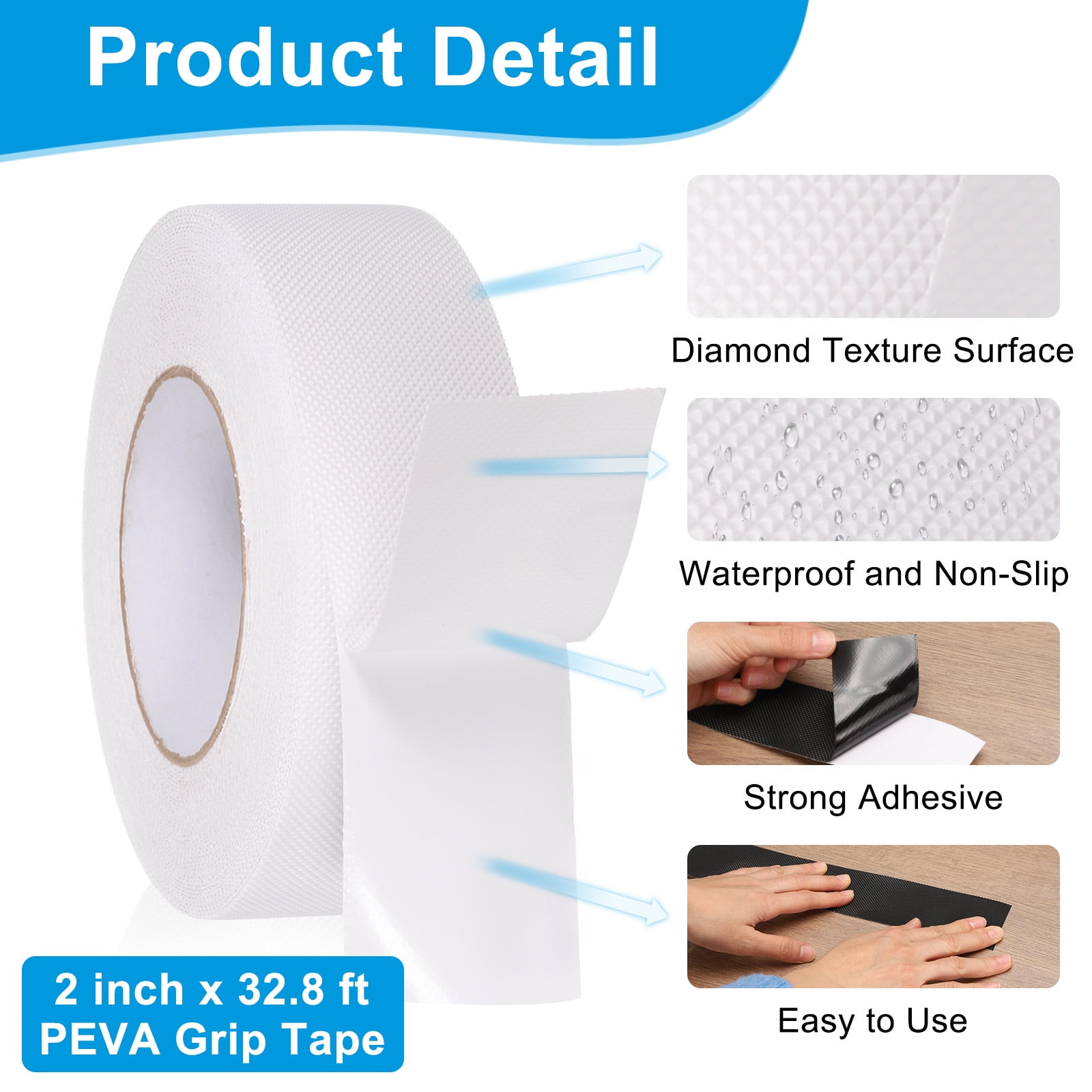Rubber Grip Tape, 2" x 32.8 Ft Non-Slip Tape Diamond Textured Adhesive Grip Tape for Outdoor/Indoor Steps (White)