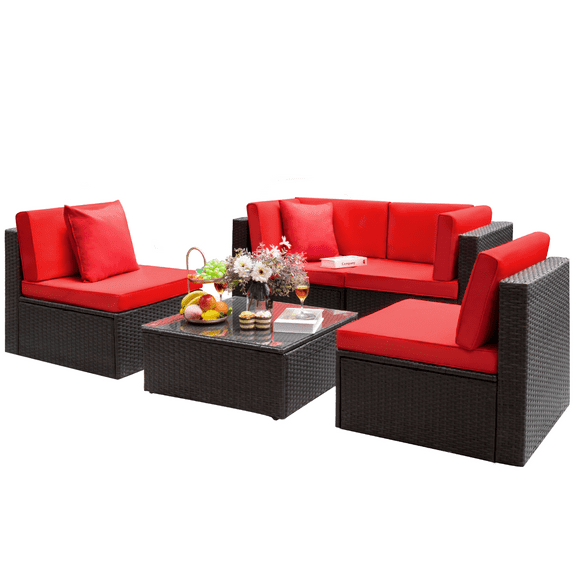 LACOO 5 Pieces Outdoor PE Wicker Conversation Set Rattan Outdoor Sectional Set with Chushions and Table(Red)
