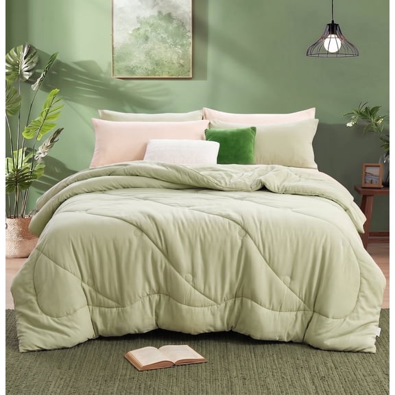 BDEUS 7 Pieces Comforter Set King,Bed in a Bag,All Seasons Bedding Sets with Comforter,Fitted Sheet,Flat Sheet,Pillowcases & Shames,Sage Green
