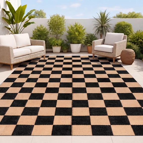 JONATHAN Y Meadow Grace Polypropylene Bishop Geometric Checker Waterproof Reversible Foldable Plastic Straw Outdoor Area Rug for Patio with Handheld Bag, 5' x 8', Black and Cream MDW103A-5