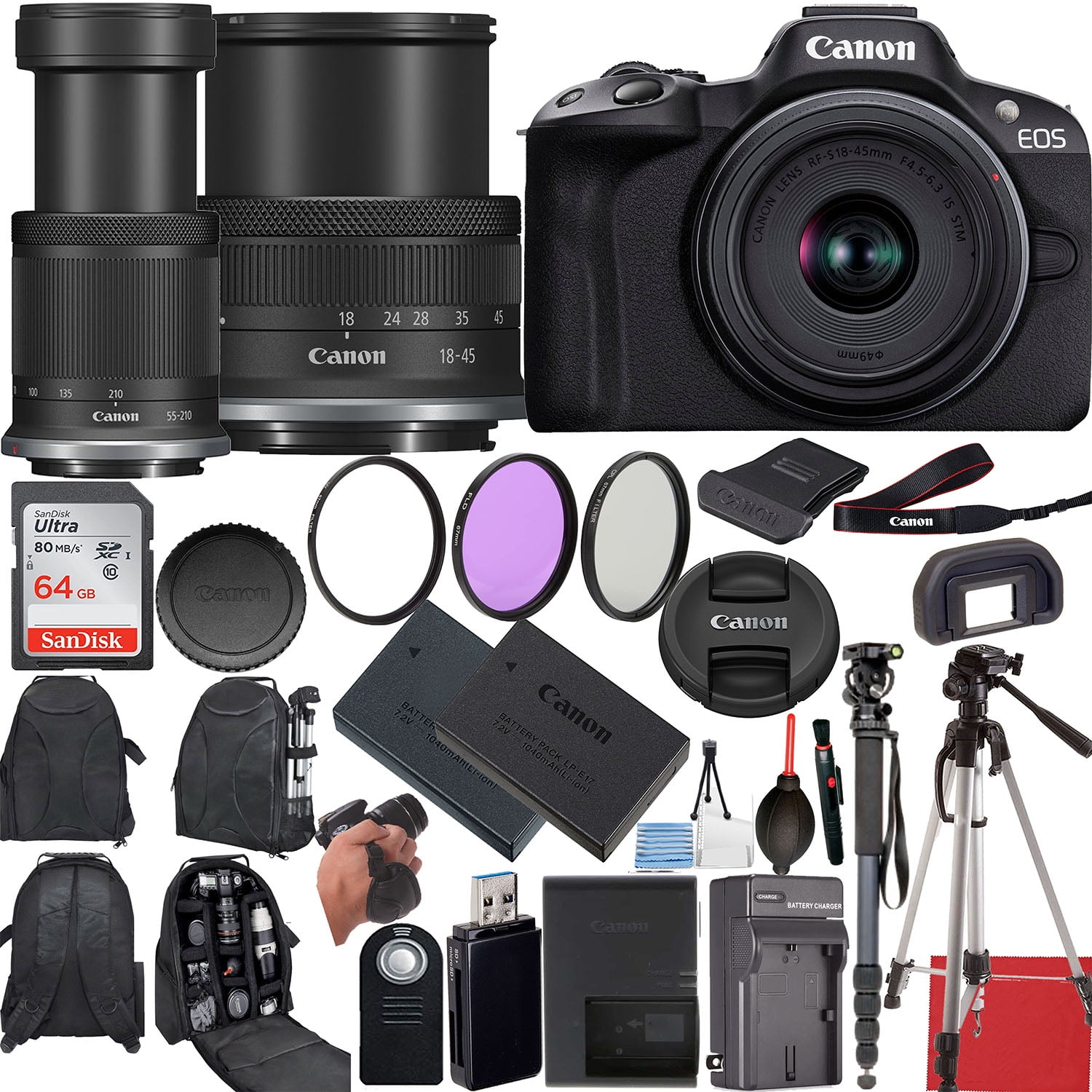 Canon EOS R50 Mirrorless Camera with 1845mm & 55210mm Lenses 20 Essential Accessories for