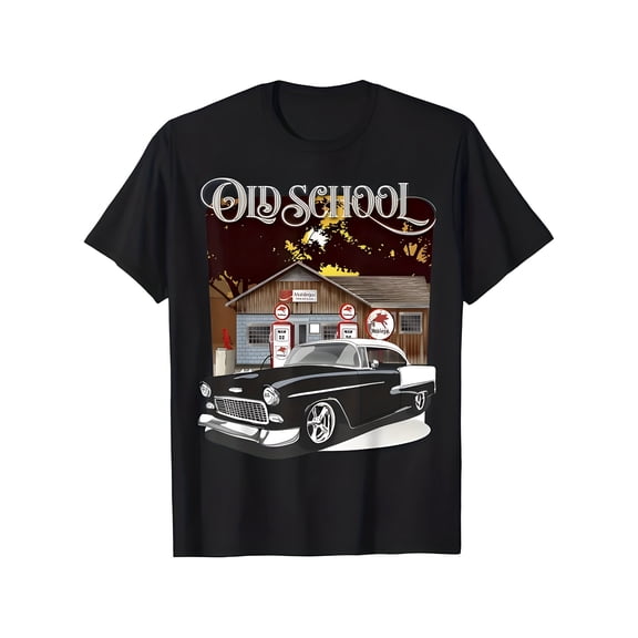 Retro Old School Classic Car Graphic Tee Vintage 1950s Hot Rod Muscle Car Men's Fashion T-Shirt