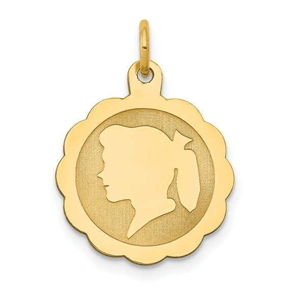 FB Jewels 14K Yellow Gold Girl Head on .011 Gauge Engravable Scalloped Disc Charm
