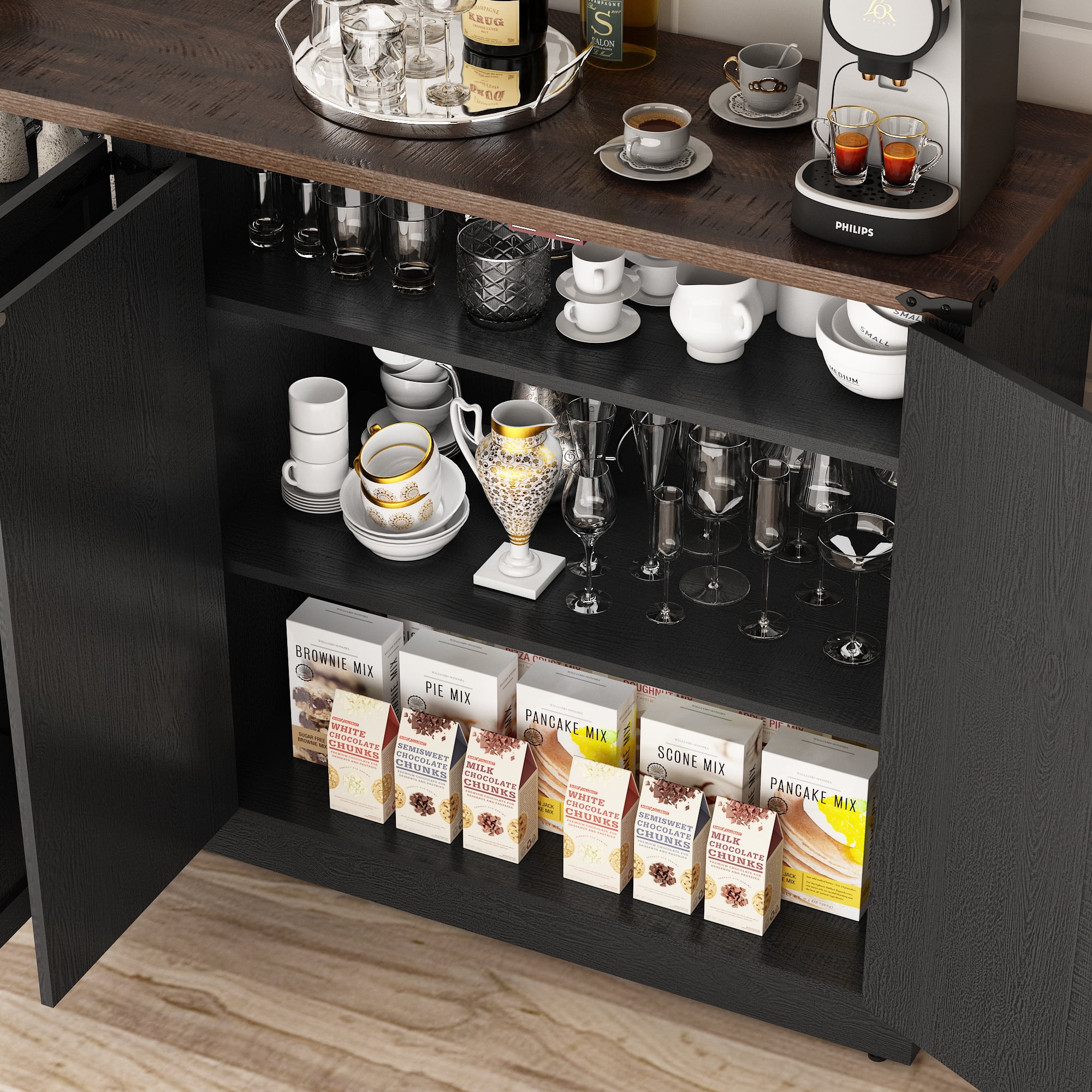 ChVans 65" Farmhouse Kitchen Buffet Cabinet with 4 Barn Doors, 34" Tall Wood Sideboard Credenza with Storage and Adjustable Shelves for Kitchen, Dining Room, Living Room, Black-Brown